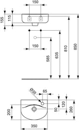 Ideal Standard Handwaschbecken Connect Arc, 350x260x155 mm, 1 Hahnloch rechts, mit Überlauf, Weiß