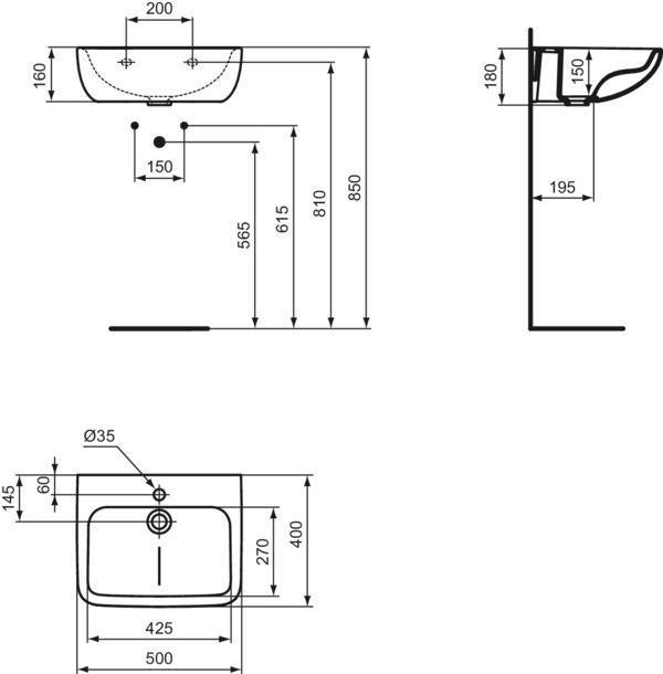 Ideal Standard Waschtisch Contour 21+ Weiß 500 mm SmartGuard 1 Hahnloch ohne Überlauf