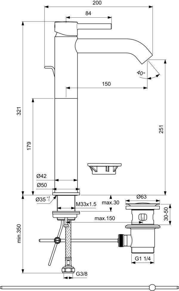 Ideal Standard Ceraline Waschtischarmatur mit 150 mm Ausladung, Ablaufgarnitur und Heißwasser-Sparfunktion