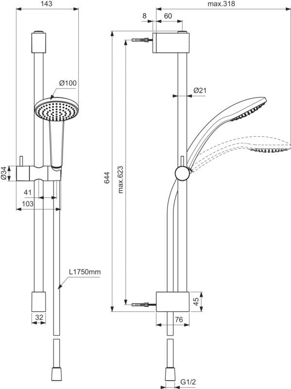 IDEAL STANDARD Idealrain Brausekombination 600 mm Chrom mit Handbrause und Schlauch