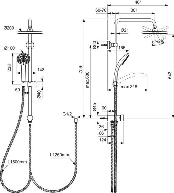 Ideal Standard Duschsystem Ceratwist T20 mit runder Kopfbrause und Handbrause, Chrom, ohne Armatur