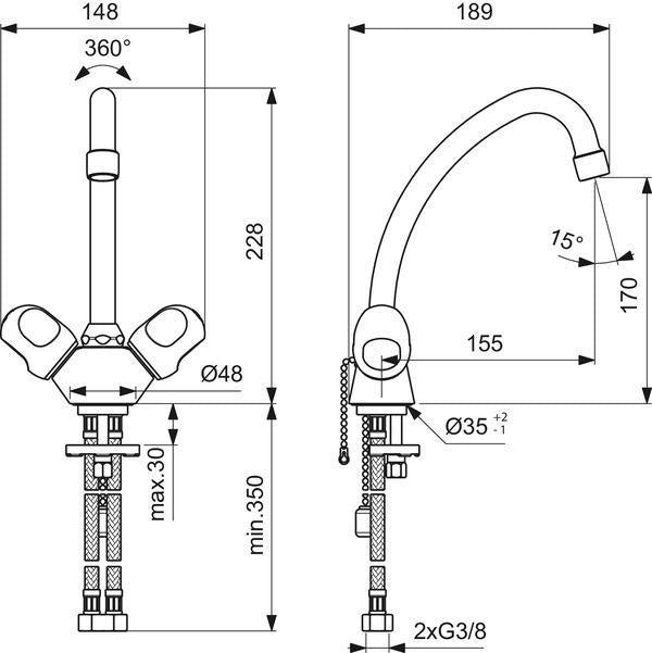 Ideal Standard Alpha Zweigriff-Waschtischarmatur Chrom 155 mm mit Kette ohne Ablaufgarnitur