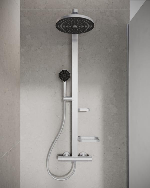 Ideal Standard Duschsystem Ceratherm Alu+ mit Thermostat, Kopf- und Handbrause, 2 Ablagen, Silber