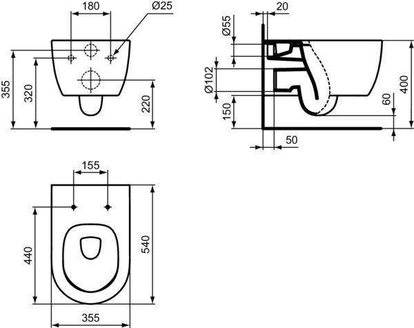 Ideal Standard Wandtiefspül-WC Blend Curve AquaBlade 355x540x340mm Weiß