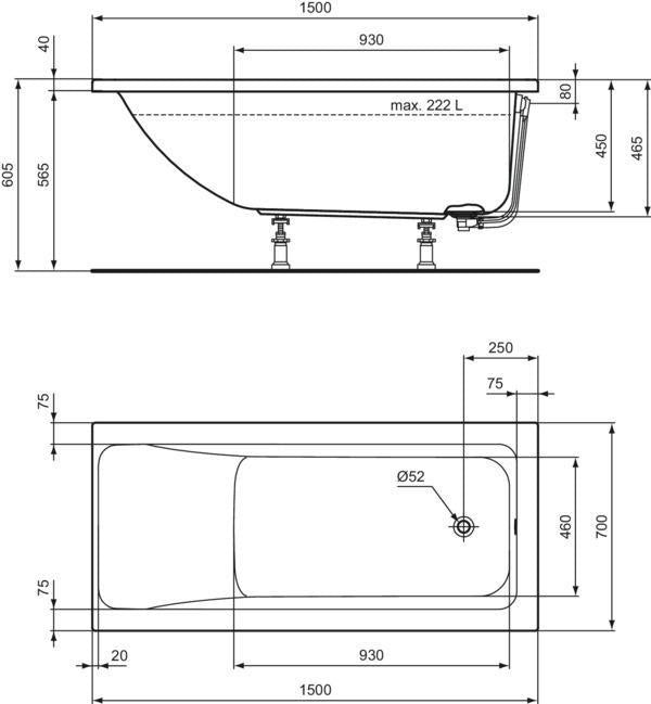 Ideal Standard Connect Air Körperform-Badewanne 1500x700x475mm Weiß – Einbauwanne mit Überlauf