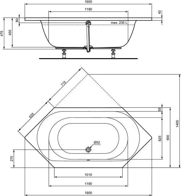 IDEAL STANDARD Sechseck-Badewanne Connect Air 1900x900x475mm Weiß – Designerwanne von Robin Levien