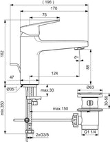 Ideal Standard Ceraplan Waschtischarmatur H90 mit Ablaufgarnitur, Ausladung 124 mm, Chrom