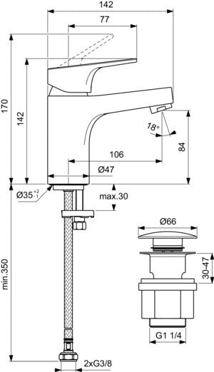 Ideal Standard Cerabase Waschtischarmatur H80 mit Push-Open-Ventil, Ausladung 106 mm, Chrom