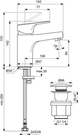 Ideal Standard Cerabase Waschtischarmatur H80 mit Push-Open-Ventil, Ausladung 106 mm, Chrom