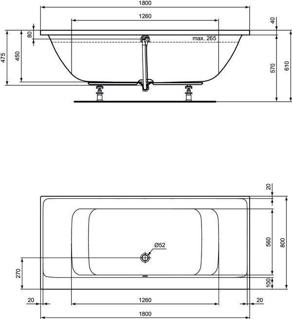 Ideal Standard Duo-Badewanne Connect Air 1700x750x475 mm Weiß – 2-Sitzer mit Mittelablauf