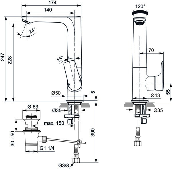 IDEAL STANDARD Connect Air Waschtisch-Einhandhebelmischer mit hohem schwenkbarem Auslauf, 174 mm, Chrom