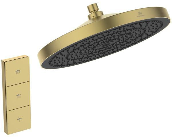 IDEAL STANDARD Ceratherm Navigo Solos Brausethermostat-Paket in Brushed Gold – mit Kopfbrause, Handbrause & UP-Bausatz