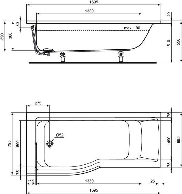 Ideal Standard Raumspar-Badewanne Connect Air, links, 1695x795x390 mm, Weiß – Kombi-Badewanne mit Fußablauf