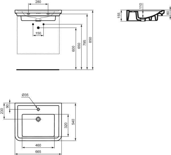 Ideal Standard Möbelwaschtisch Calla 1 Hahnloch mit Überlauf 665x540x155 mm Weiß