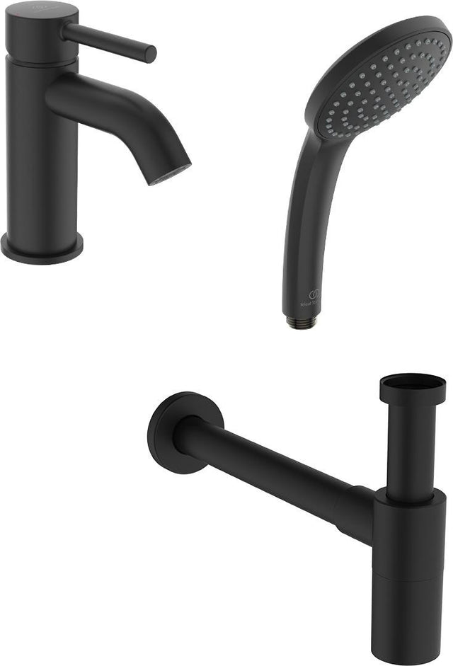 Ideal Standard IS Armaturen-Bundle AP Ceratherm T25 Silk Black – Duschsystem, Waschtischarmatur & Designsiphon