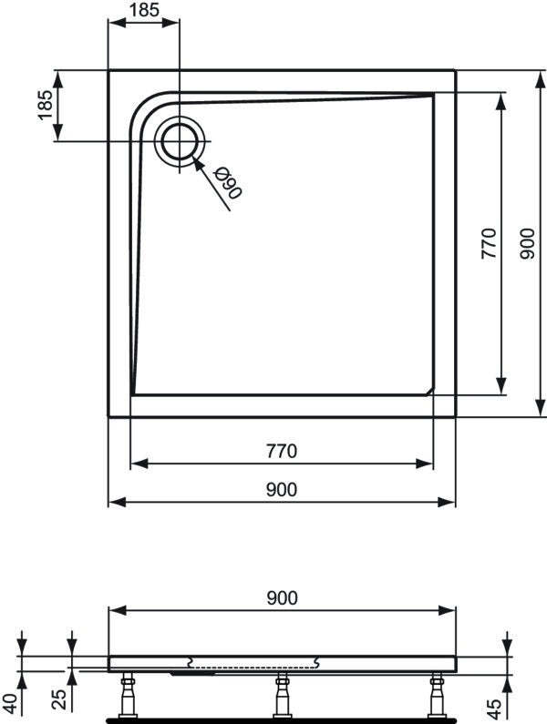 IDEAL STANDARD Quadrat-Brausewanne Ultra Light 800x800x45mm in Weiß – Sanitär-Acryl, flacher Einbau