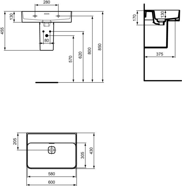 Ideal Standard Waschtisch Strada II 600x430mm Weiß, ohne Hahnloch, mit Überlauf, wandhängend