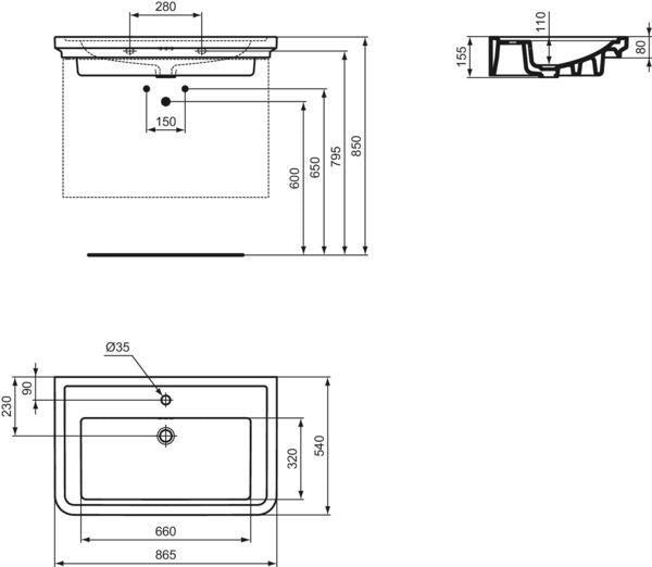 Ideal Standard Möbelwaschtisch Calla 1 Hahnloch mit Überlauf 665x540x155 mm Weiß