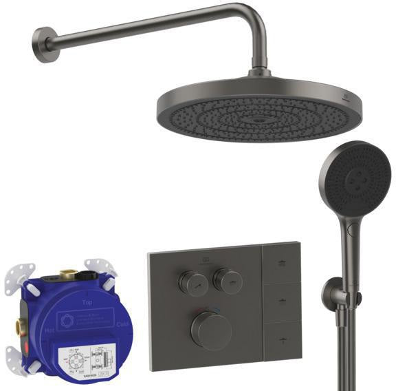 IDEAL STANDARD Ceratherm Navigo Solos Brausethermostat-Paket in Brushed Gold – mit Kopfbrause, Handbrause & UP-Bausatz