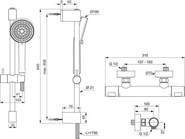 IDEAL STANDARD Brausekombination Ceratherm T25 N 600 mm mit Thermostat und Handbrause in Chrom