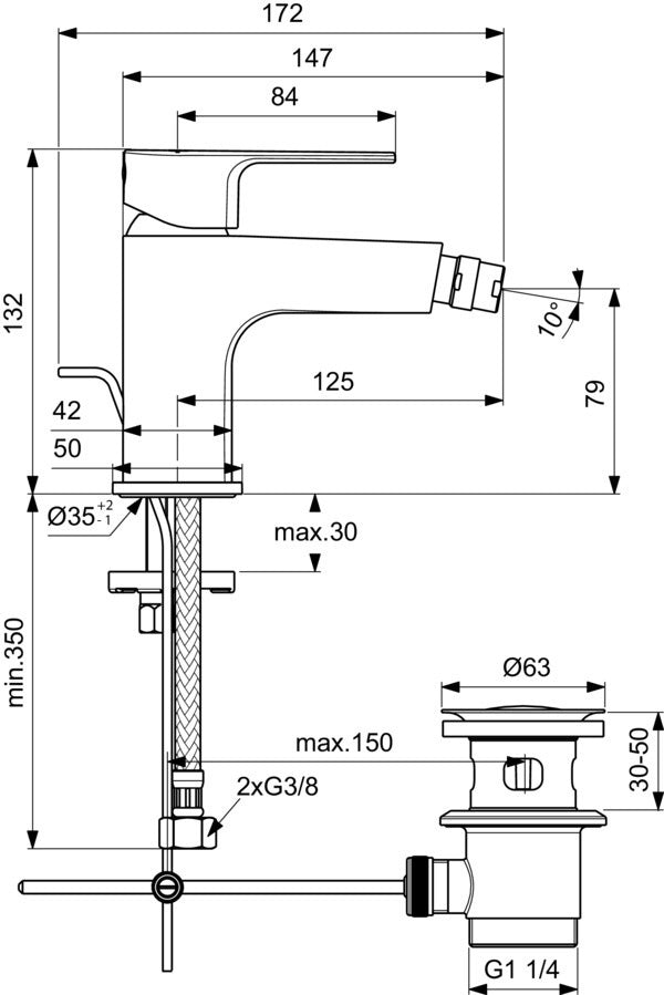Ideal Standard Cerafine D Bidetarmatur Chrom 125 mm mit Ablaufgarnitur