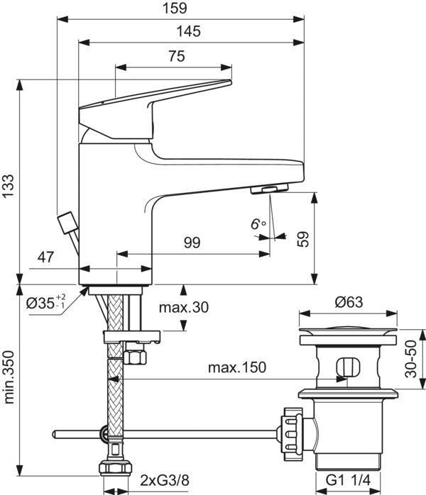Ideal Standard Ceraplan Waschtischarmatur H60, 99 mm Ausladung, Chrom, mit Ablaufgarnitur