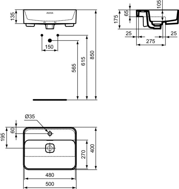 IDEAL STANDARD Halbeinbau-Waschtisch Strada II 500x400x175 mm Weiß mit Überlauf und 1 Hahnloch