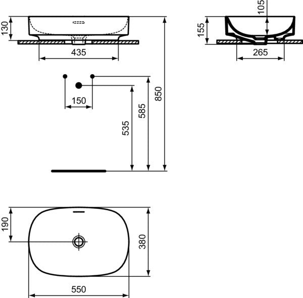 Ideal Standard Linda-X Aufsatzwaschtisch 550x380mm Weiß ohne Hahnloch mit Überlauf