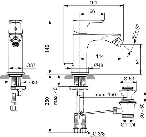 IDEAL STANDARD Bidetarmatur Connect Air 114 mm mit Ablaufgarnitur Chrom