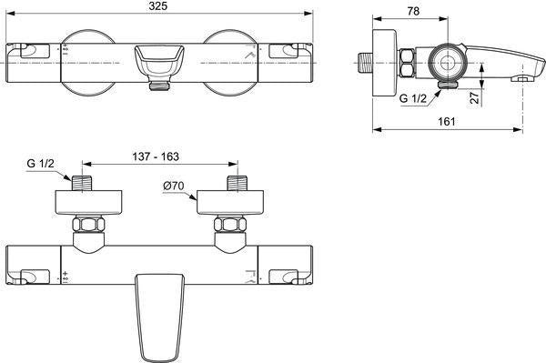 Ideal Standard Badethermostat AP Ceratherm T50, Ausladung 161 mm, Chrom – mit Verbrühschutz