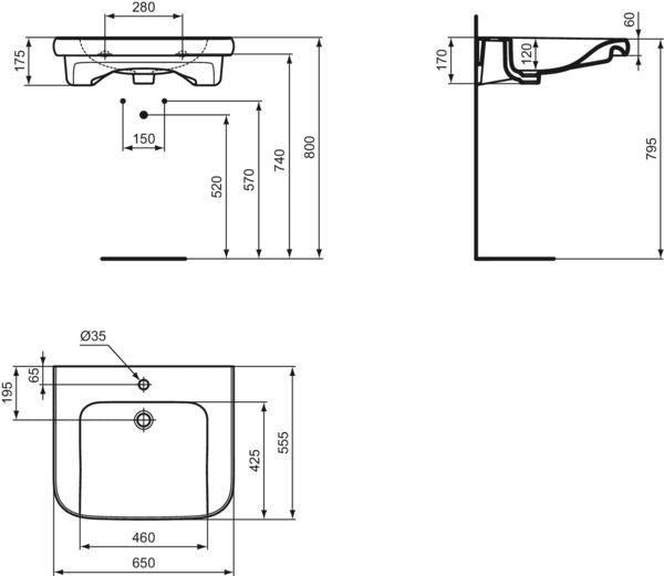 Ideal Standard Contour 21+ Waschtisch 545x550mm Weiß SmartGuard+ 1 Hahnloch ohne Überlauf