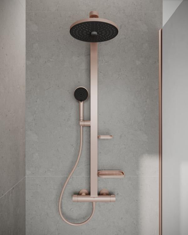 Ideal Standard Duschsystem Ceratherm Alu+ mit Thermostat, Kopf- und Handbrause, 2 Ablagen, Silber