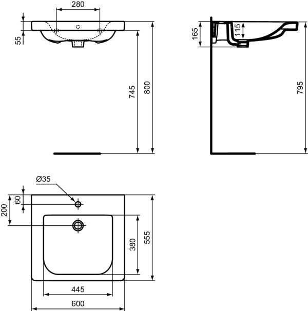 Ideal Standard Connect Freedom Waschtisch 600 mm, unterfahrbar, 1 Hahnloch, mit Überlauf, Weiß