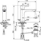 IDEAL STANDARD Connect Air Waschtischarmatur Grande Slim 125 mm mit Ablaufgarnitur Chrom