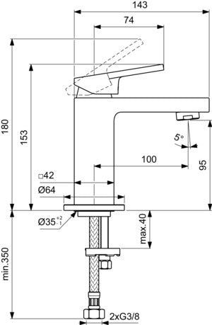 Ideal Standard Extra Waschtischarmatur Piccolo 100 mm ohne Ablaufgarnitur Silver Storm