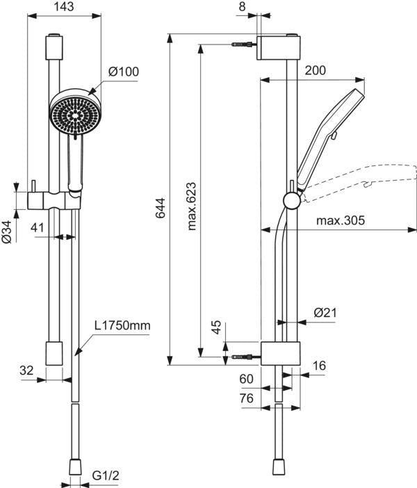 Ideal Standard Idealrain Brausekombination 600 mm, 2-Funktions-Handbrause, Chrom