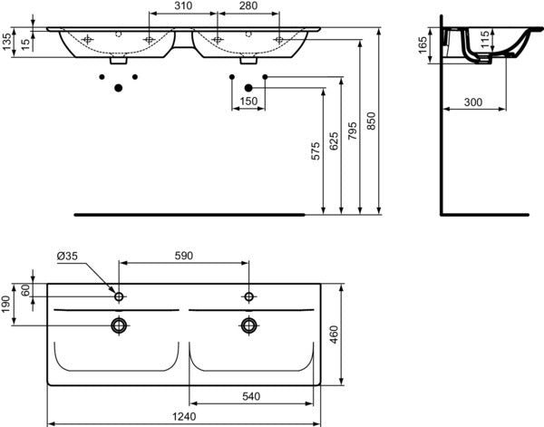 Ideal Standard Möbeldoppelwaschtisch Connect Air 1240 mm Weiß mit 2x 1 Hahnloch