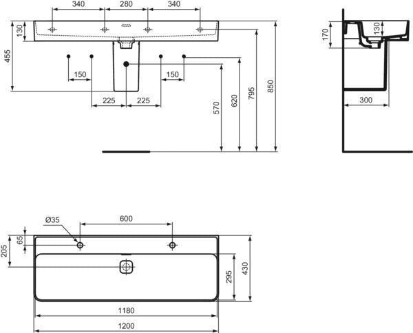 Ideal Standard Strada II Doppelwaschtisch 1200 mm, 2 Hahnlöcher, mit Überlauf, Weiß
