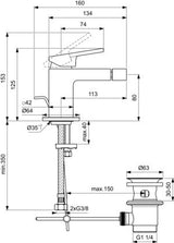 Ideal Standard Bidetarmatur Extra Ausladung 113 mm mit Ablaufgarnitur Chrom