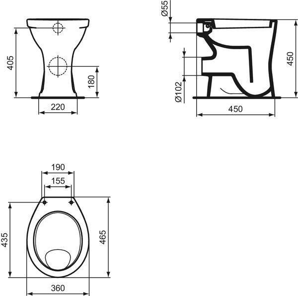 Ideal Standard Eurovit Stand-Flachspül-WC, erhöht, weiß, 360x465x450 mm, Abgang waagerecht