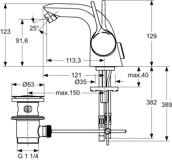 IDEAL STANDARD Melange Einhebel-Bidetarmatur mit Ablaufgarnitur, Chrom, 113 mm Ausladung