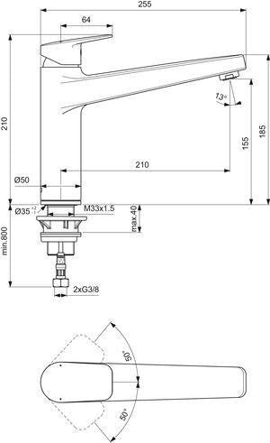 IDEAL STANDARD Ceraplan Küchenarmatur mit ausziehbarem Auslauf 210 mm Chrom – Vorfenstermontage