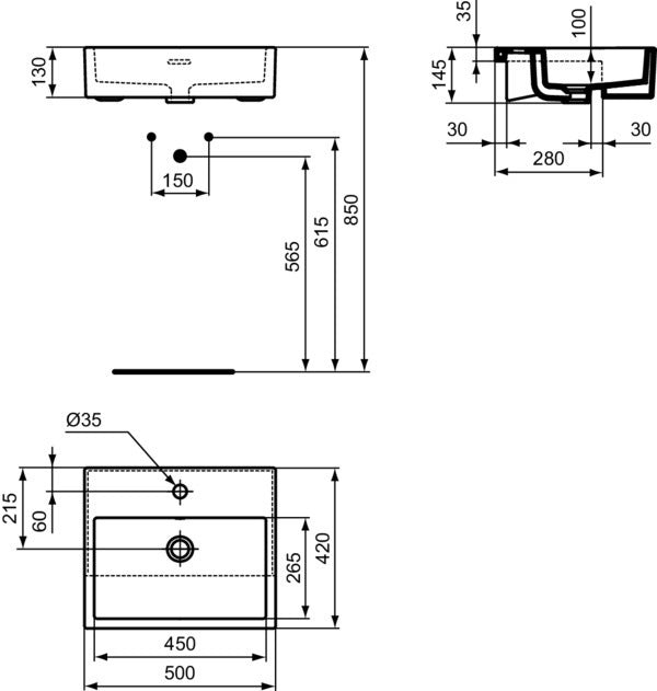 Ideal Standard Halbeinbau-Waschtisch Extra 500x420mm Weiß mit Überlauf und 1 Hahnloch