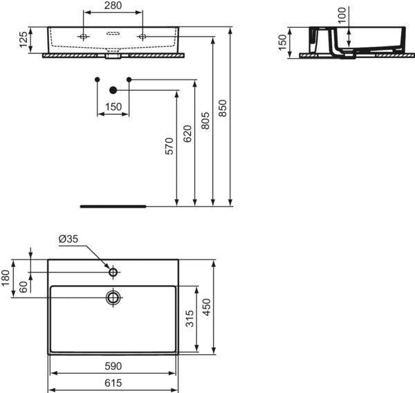 Ideal Standard Waschtisch Extra 615 mm, 1 Hahnloch, mit Überlauf, geschliffen Weiß