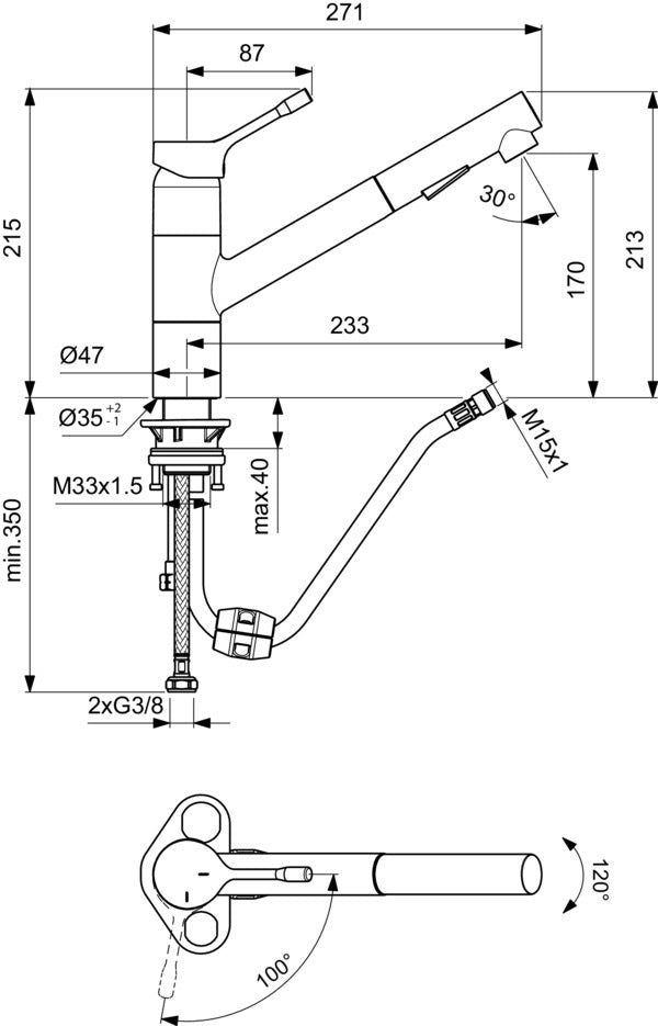 Ideal Standard Ceralook Küchenarmatur mit herausziehbarer Handbrause, 233 mm Ausladung, Edelstahl