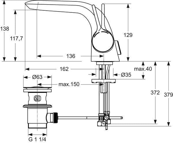 Ideal Standard Melange Waschtischarmatur Chrom 136 mm mit Ablaufgarnitur und flexiblen Schläuchen