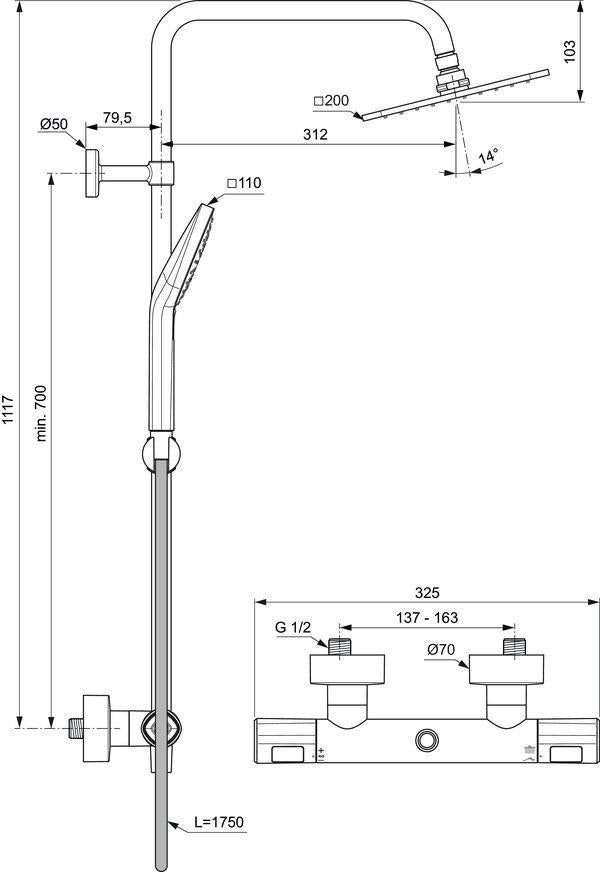 IDEAL STANDARD Ceratherm T100 Duschsystem mit Thermostat, Chrom, 1750 mm Brauseschlauch