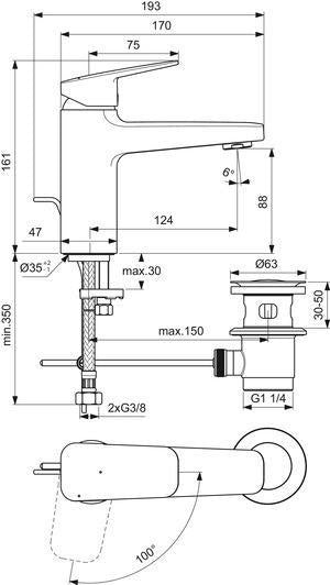 Ideal Standard Ceraplan H90 Waschtischarmatur mit Ablaufgarnitur 124 mm BlueStart Chrom