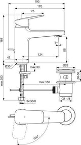 Ideal Standard Ceraplan H90 Waschtischarmatur mit Ablaufgarnitur 124 mm BlueStart Chrom