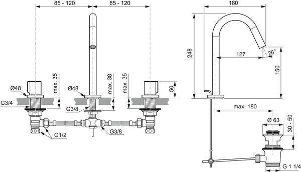 Ideal Standard Joy 3-Loch Waschtischarmatur in Brushed Gold mit Ablaufgarnitur, 127 mm Ausladung